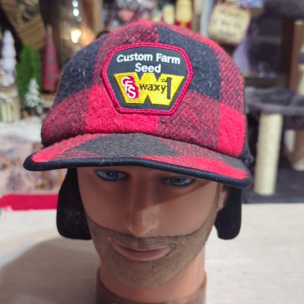 vintage red and black buffalo plaid wool lumberjack farm hat with ear flaps‎ - Picture 3 of 7